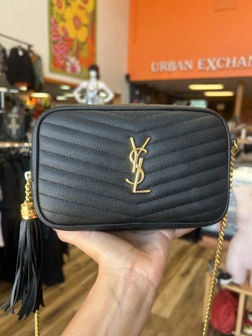 SAINT LAURENT Black Crossbody with Gold Chain Strap